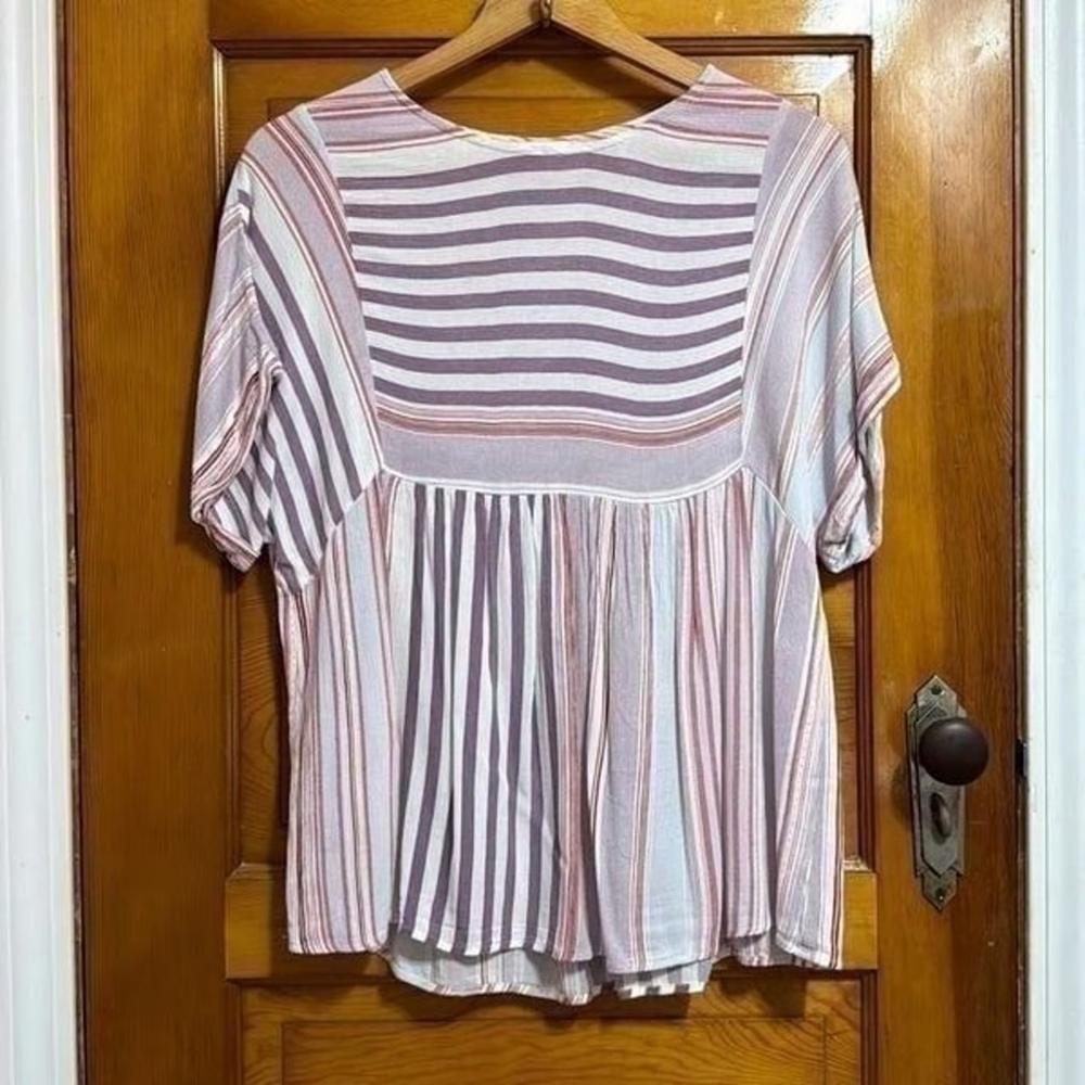 White and Purple Flutter Sleeve Peplum Blouse